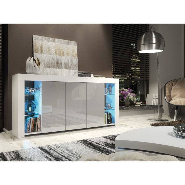 Mex Furniture Exclusive 164cm Cabinet Cupboard Sideboard TV Unit High Gloss Grey Doors & Free LED