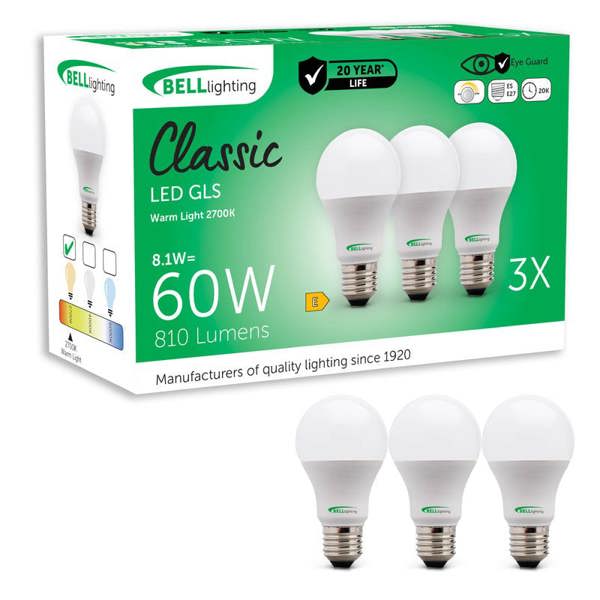 BELL Lighting E27 Edison Screw 8.1W GLS Dimmable LED Light Bulbs