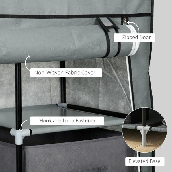 Dark grey fabric wardrobe door with non-woven cover, zipper, hook-and-loop fastener, elevated base