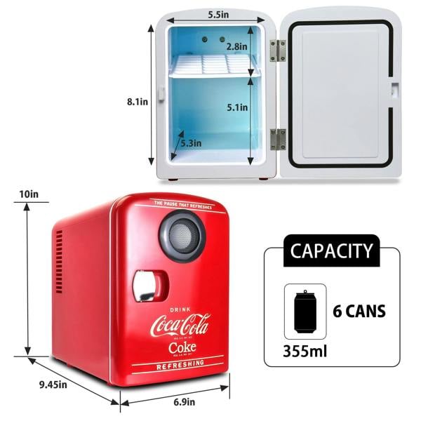 Coca-Cola Coca Cola 4L Mini Fridge For Bedrooms 6 Can 12V Portable Cooler Warmer with Bluetooth Speaker
