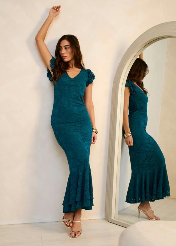 Gini London Teal Jersey Lace V Neck Ruffle Maxi Dress
