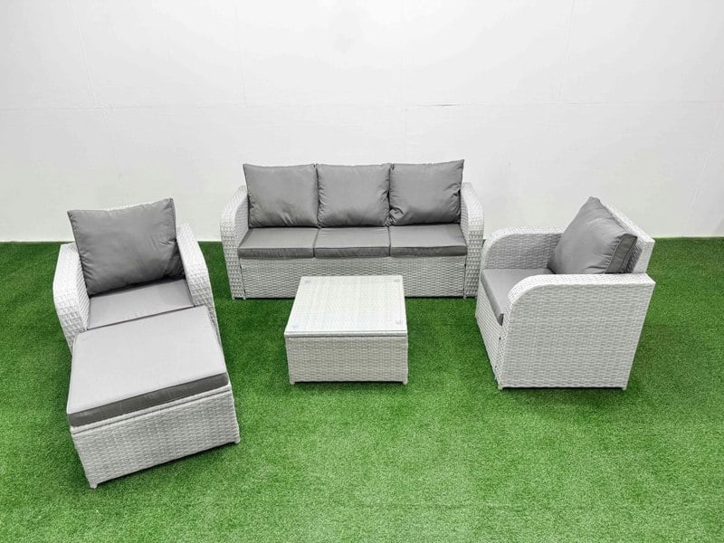 Fimous PE Rattan Garden Furniture Set Reclining Chair Sofa Lounge Sofa Set Square Coffee Table Big Footstool Light Grey