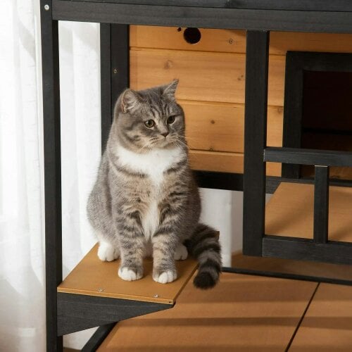 Wooden Outdoor Cat House, 3-Tier Cat Shelter with Tilted Roof, Terrace, Jump Step, Bottom Tray and Elevated Base, Waterproof Paint, Yellow