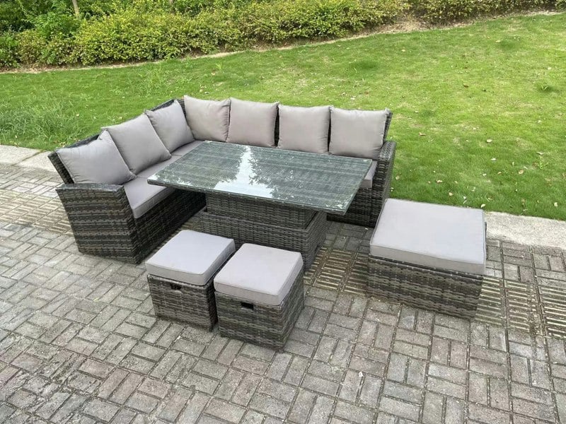Fimous 9 Seater High Back?Outdoor Rattan Adjustable Rising Lifting Dining Table Corner Sofa Set Garden Furniture Footstools Dark Grey Mixed Left Hand