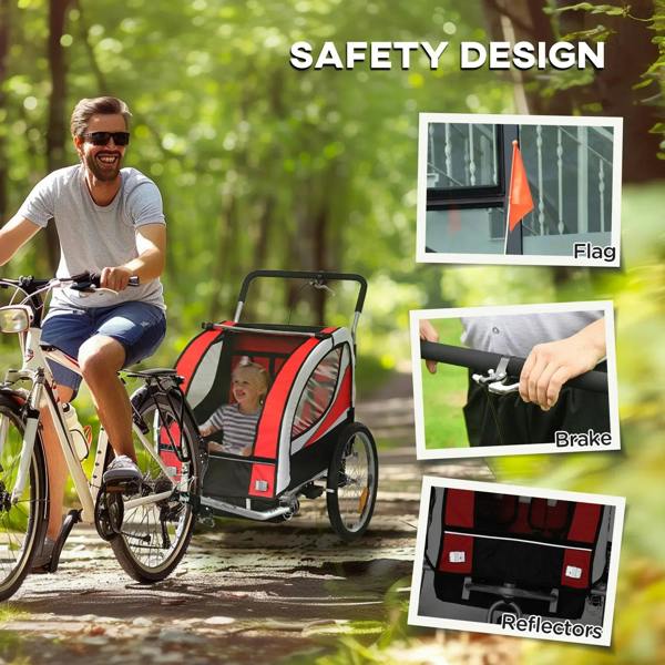 Red baby bike trailer with safety flag, reflectors, and brake control bar