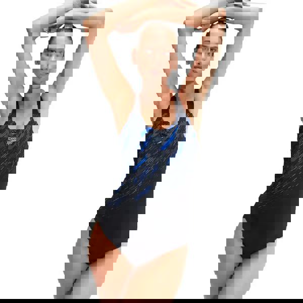 Black Speedo Hyperboom Placement Muscleback Swimsuit with blue white abstract pattern