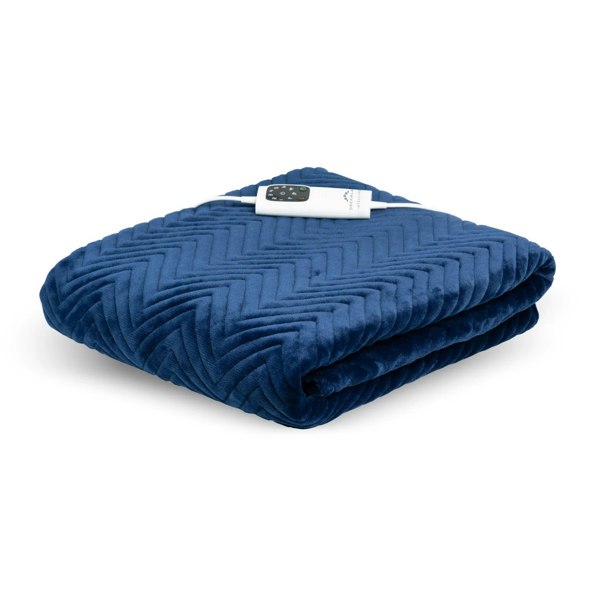 Dreamland Hurry Home Velvet Heated Throw Electric Blanket - Navy Blue Herringbone - 160cm x 120cm