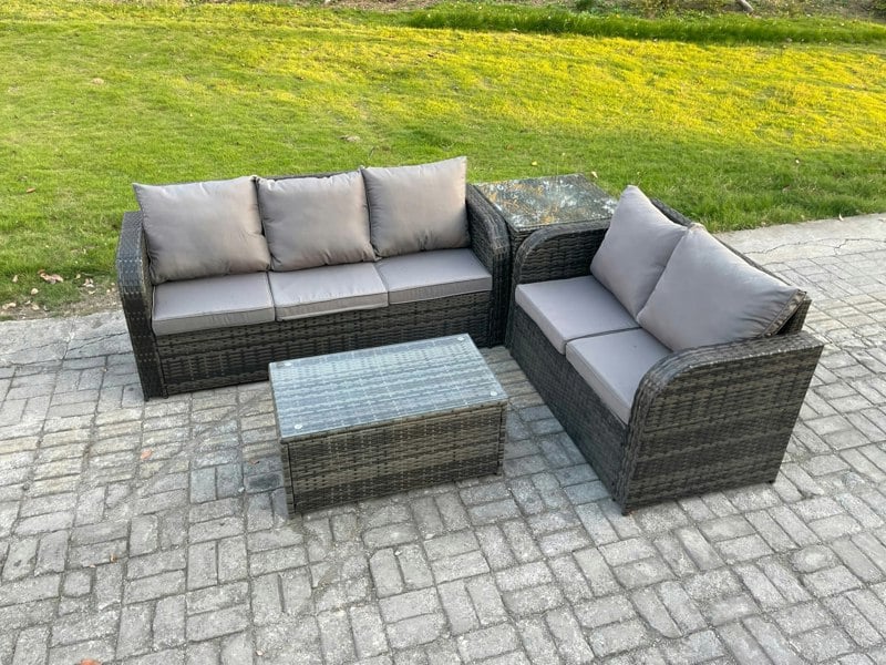 Fimous 5 Seater Rattan Wicker Garden Furniture Patio Conservatory Sofa Set with Rectangular Coffee Table 3 Seater Sofa Love Sofa Side Table