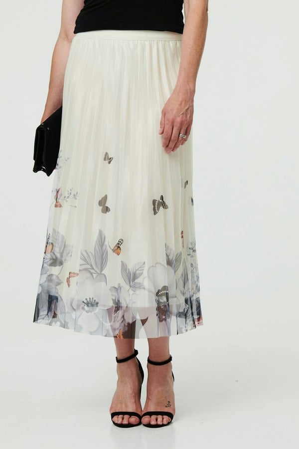 Beige | Butterfly Print Pleated Mesh Midi Skirt
