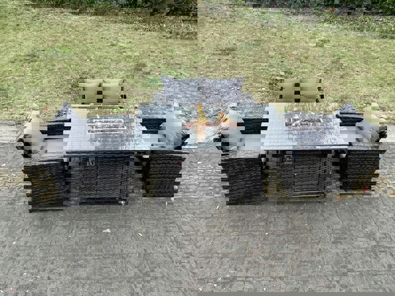 Fimous Rattan Outdoor Furniture Gas Fire Pit Rectangle Dining Table Gas Heater Chairs Two Seater Love Sofa Sets 4 Seater