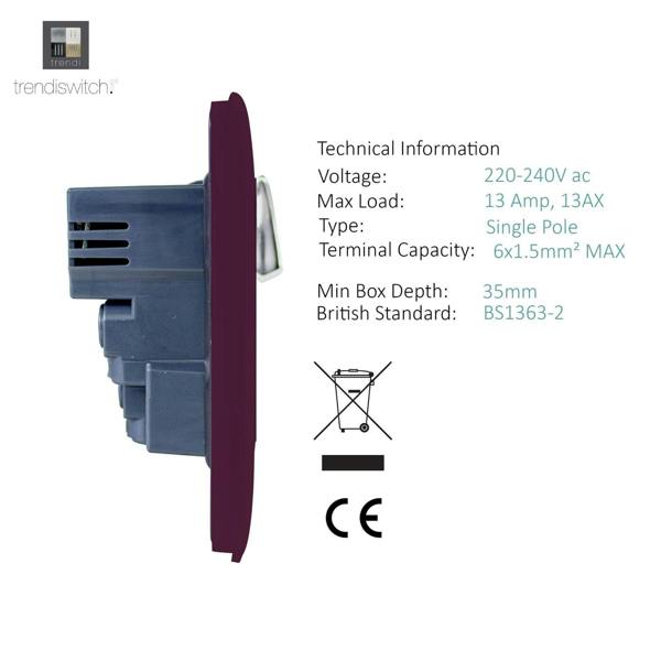 Trendi Switch 2 Gang 4 Port USB 2100mA Plug Socket in Plum Purple