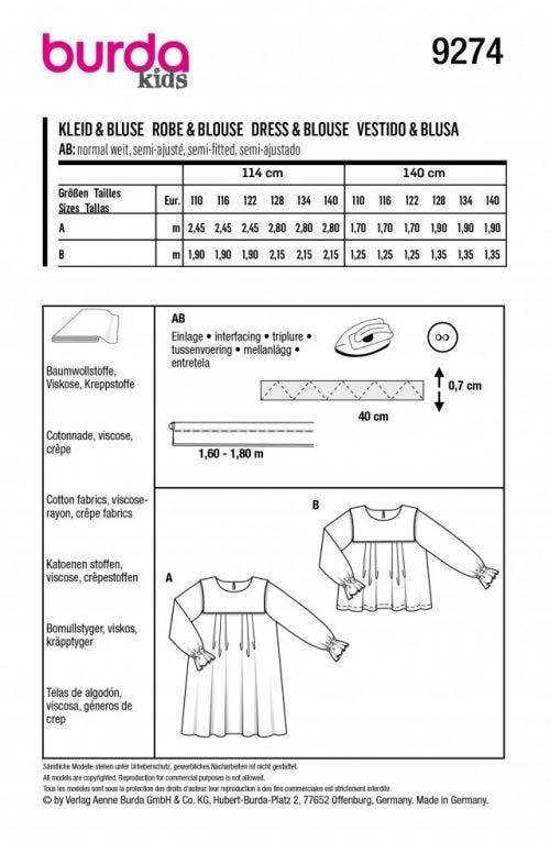 Burda Sewing Pattern 9274 Dresses For Kids, 5-10 (110-140) - Easy