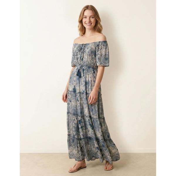 Blue Vanilla Tie Front Bardot Maxi Dress