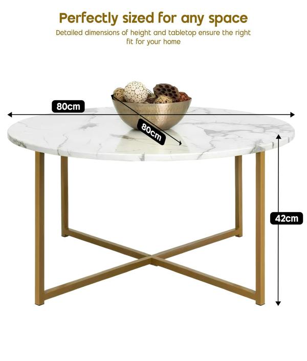 ADOV Round Coffee Table, Faux Marble Living Room Table with Gold Metal Frame