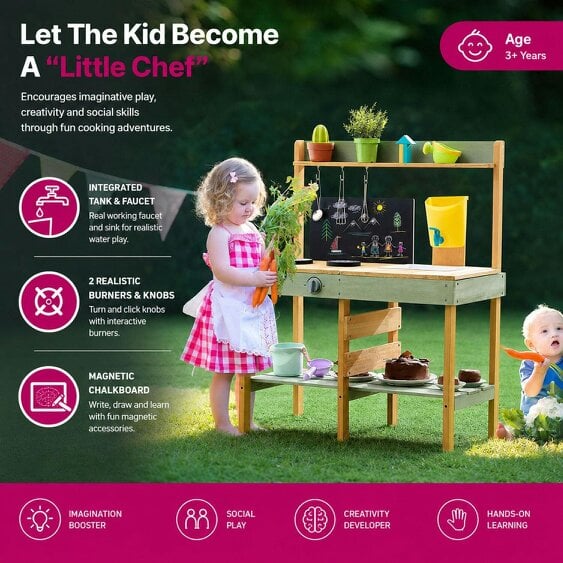 Neo Kids Wooden Outdoor Mud Kitchen Water Tap Sink Chalkboard