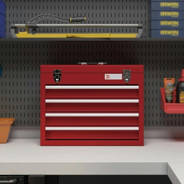 Lockable Metal Tool Box, 4 Drawer Tool Chest with Latches, Handle, Ball Bearing Runners, Red