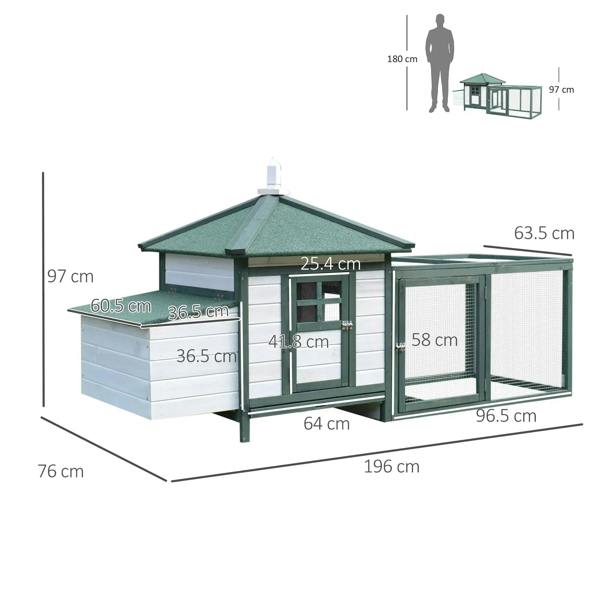 Green and white chicken coop with enclosed run and nesting area, size diagram