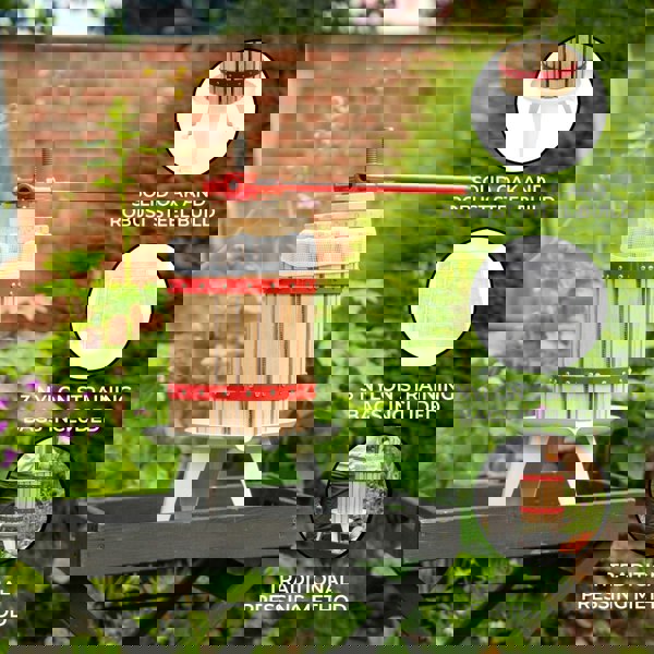 KuKoo 12 Litre Fruit Press with solid oak and steel construction, red accents, and three nylon straining bags for easy juicing