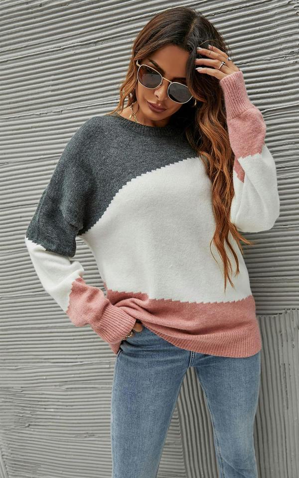 FS Collection Grey & Pink Block Colour Jumper Top In White