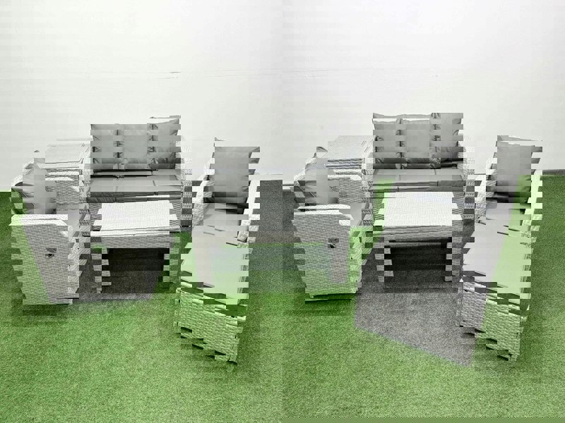 Fimous PE Rattan Garden Furniture Set Reclining Chair Sofa Lounge Sofa Set Rectangular Coffee Table Side Table Big Footstool Light Grey