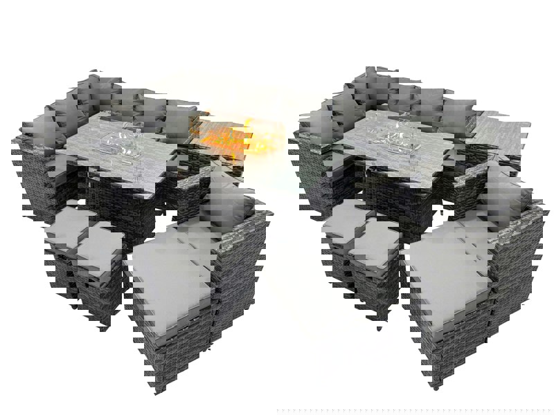 Fimous Rattan Garden Furniture Dining Set 10 seater Gas Fire Pit Dining Table Corner Sofa Set with Side Table 3 Stool Dark Grey Mixed