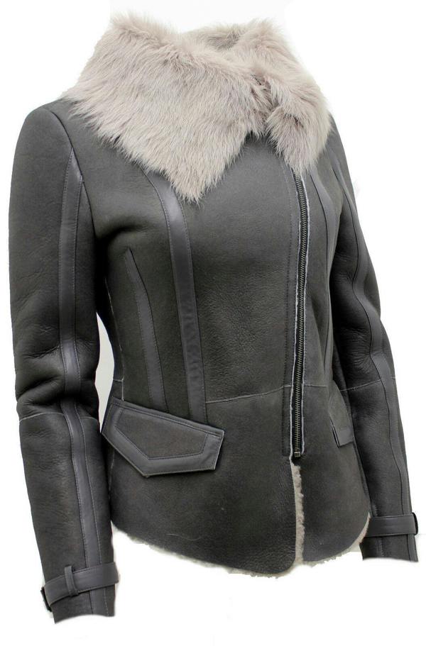 Infinity Leather Womens Grey Toscana Shearling Flying Jacket-Teresina