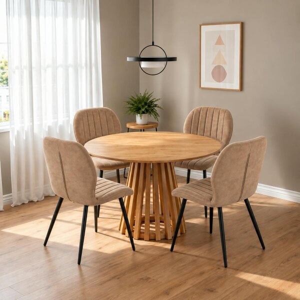 Outdoor Living Kayci Round Oak Dining Table with 4 Jaydn Chairs - Tan