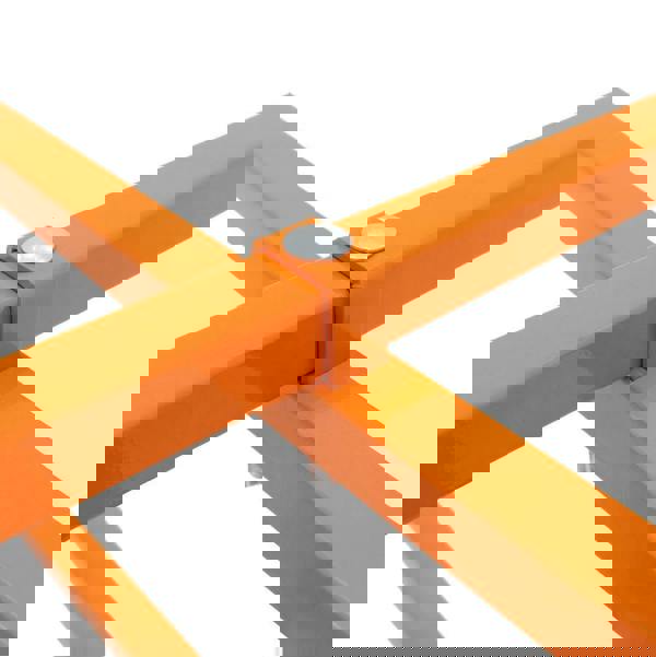 Bright orange metal mortar board stand with a sturdy cross design, featuring a smooth finish and secure bolt connection for stability