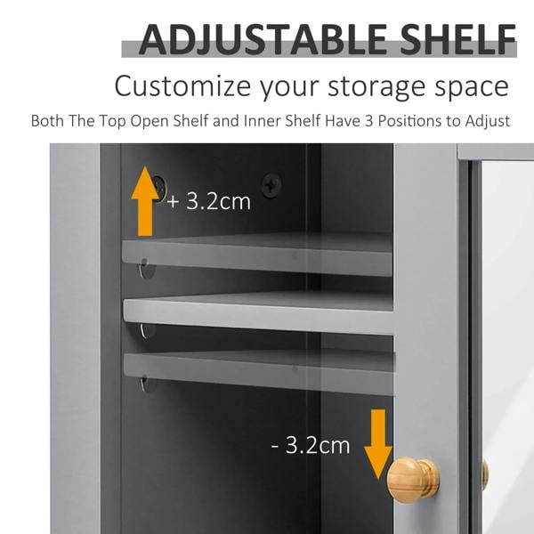 Grey mirror cabinet interior with adjustable shelf positions; door handle visible