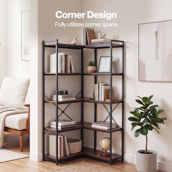 Levede Corner Bookcase 5-Tier L-Shaped Bookshelf Space-Saving Spice Walnut Black Metal