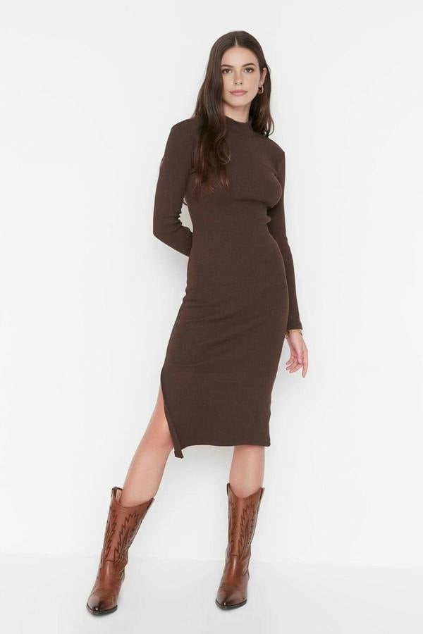 WOVCOR Crew Neck Midi Ribbed Stretch Knit Pencil Dress with Slit
