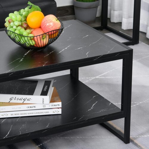 Wyld Haus Minaba Metal And Wood Black 2 Tier Marble Effect Coffee Table With Bottom Shelf