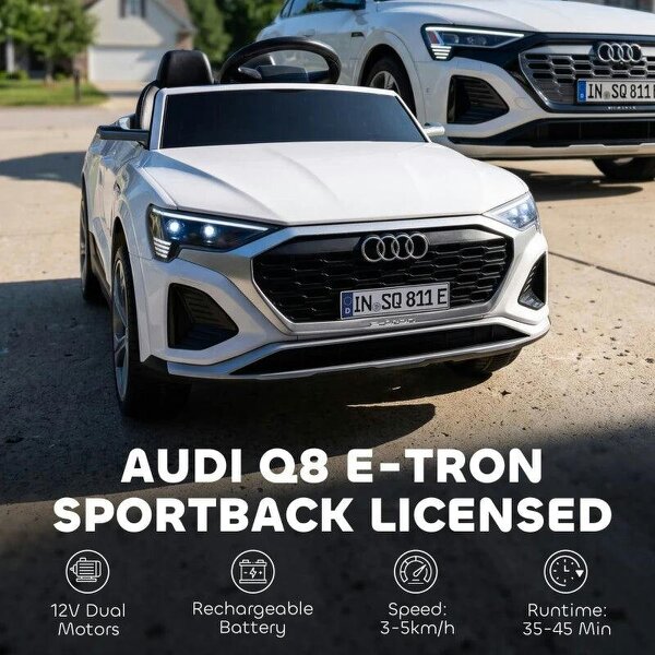 Audi Q8 etron Sportback Licensed Ride on Car with Remote Control, Four-Wheel Suspension, Soft Start for Ages 3-4, White