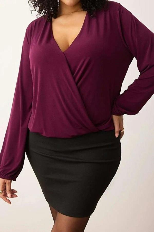 WOVCOR Balloon Sleeve Wrap Collar Knitted Blouse