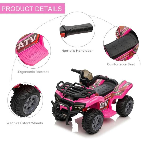 Pink kids electric ride-on quad bike with non-slip handlebar, ergonomic footrest, comfy seat