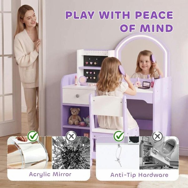 Kids Vanity Set, Kids Dressing Table with Stool, 2-Colour Lights Mirror, Pretend Dresser Gift for Ages 3-8, Purple
