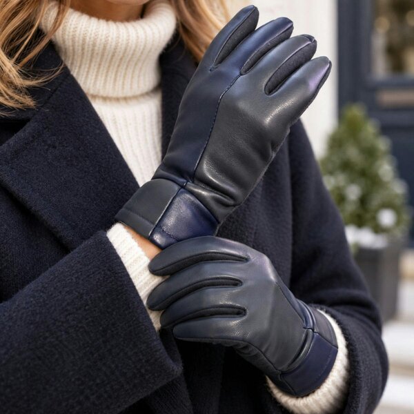 Love EMVY Ladies Two Tone Faux Leather Gloves - Navy and Grey