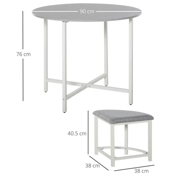 Grey round dining table with matching grey upholstered stool, shown with dimensions