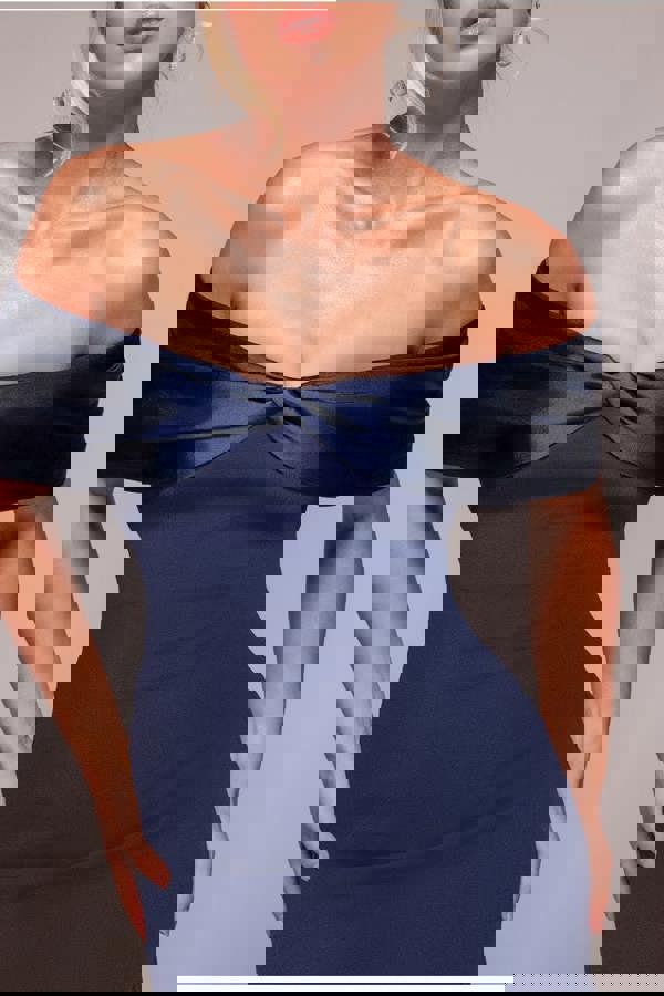 Twist Knot Satin & Scuba Bardot High Low Midi Dress - Navy Blue DR4617