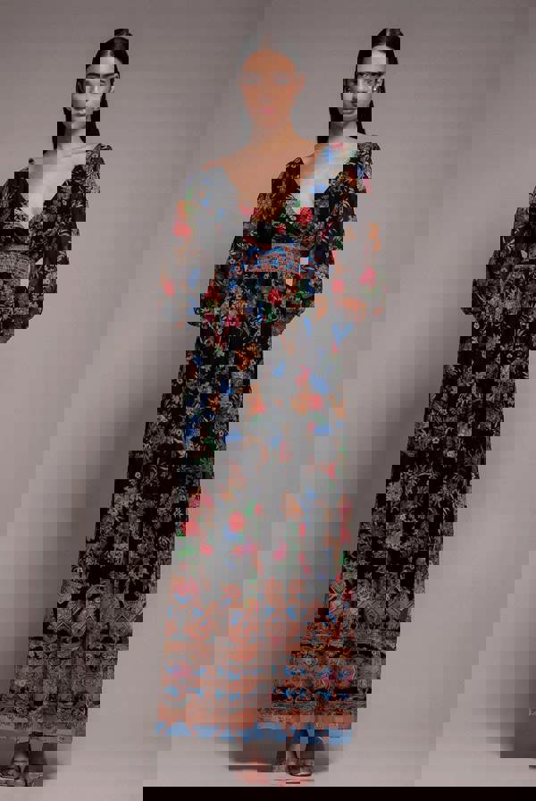 Chiffon Wrap Border Floral Print Maxi Dress - Black DR4394