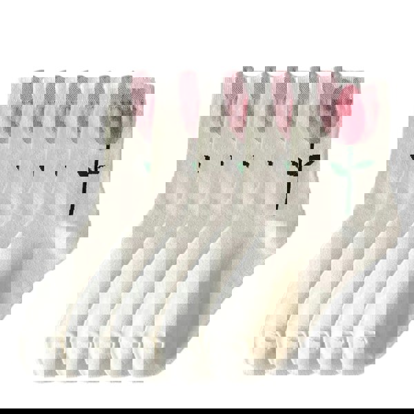 Anyfootwear 5 Pairs One Size 5-8 White Carnation Style Cartoon Flower With Candy Color Kawaii Mid Tube Breathable Casual Short Socks For Women