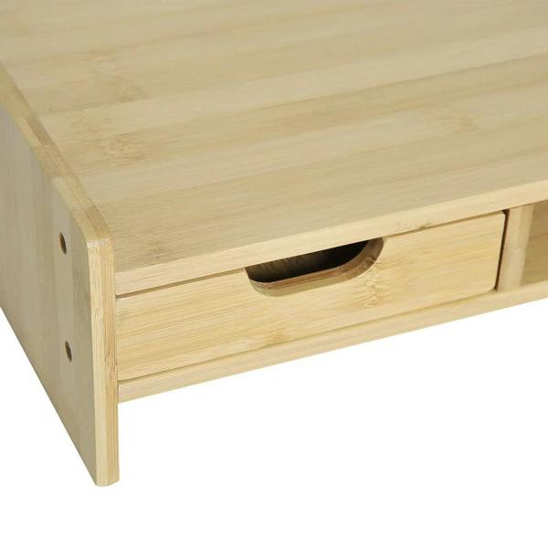 Bamboo monitor riser stand drawer with curved cutout handle in natural wood