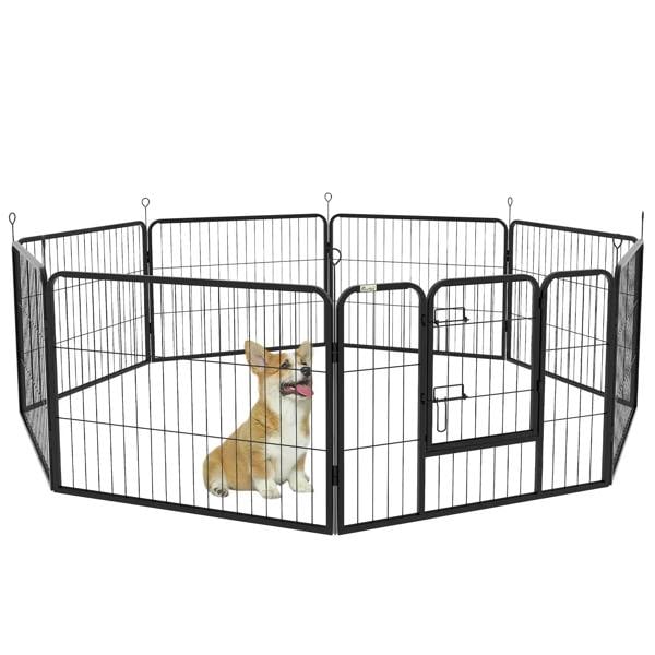 Black steel 8-panel dog playpen with front gate, showing a small puppy inside.