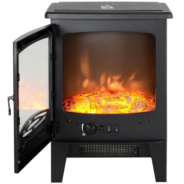 Black electric fireplace with open side door revealing control panel and vents