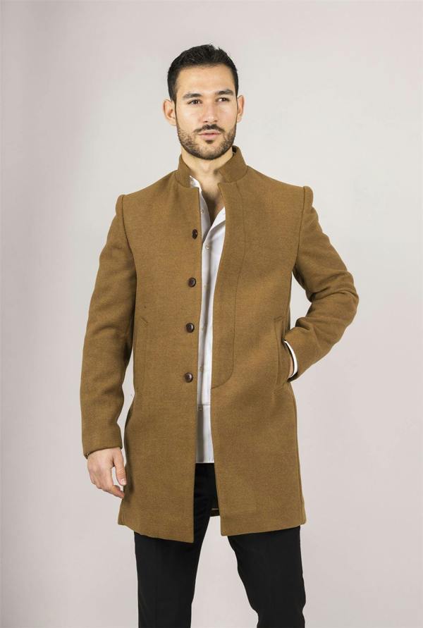 Infinity Leather Men's Tan Stand Collar Wool Blend Overcoat