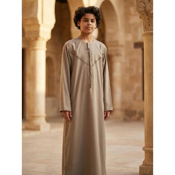 HM10 - Boy's Thobe Emirati Omani Zipped Jubba - Beige - Thobez - 2