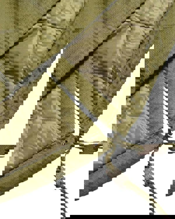 Lambretta Mens Cotton Classic Hooded Classic Badge Parka Coat, close-up view highlighting the detailed stitching, quilted lining, and drawstrings.