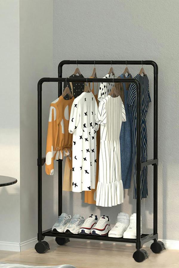 2 Rod Metal Clothes Rack Garment Rack on Wheels with Shoes Rack 57.5 x 115 CM
