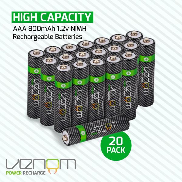 Venom Rechargeable AAA Batteries - High Capacity 800mAh (20-Pack)