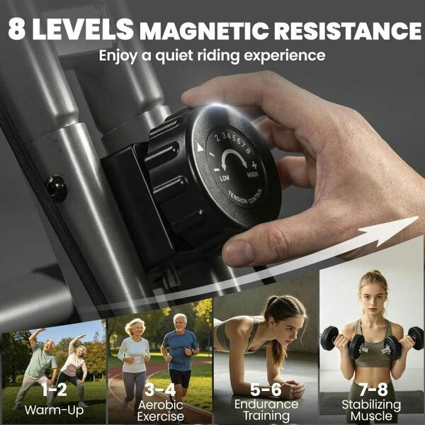 4-In-1 Folding Exercise Bike with Resistance Bands, Bluetooth App, 8-Level Magnetic Resistance, LCD Display, Black